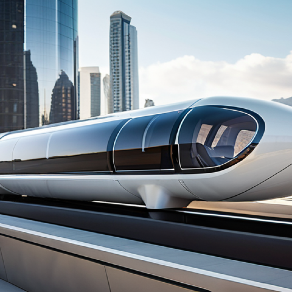 **

A sleek, futuristic Hyperloop pod speeding through a transparent tube, showcasing the blurred landscape outside. Focus on the feeling of extreme velocity and a comfortable interior with passengers casually working or relaxing. In the background, a cityscape blending modern and sustainable architecture.

**