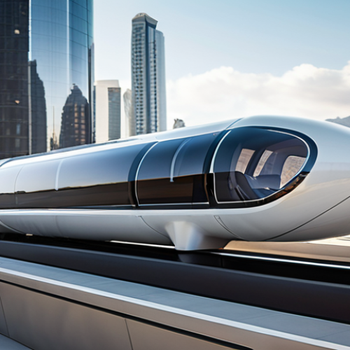 Home 4 **
A sleek, futuristic Hyperloop pod speeding through a transparent tube, showcasing the blurred landscape outside. Focus on the feeling of extreme velocity and a comfortable interior with passengers casually working or relaxing. In the background, a cityscape blending modern and sustainable architecture.
**
