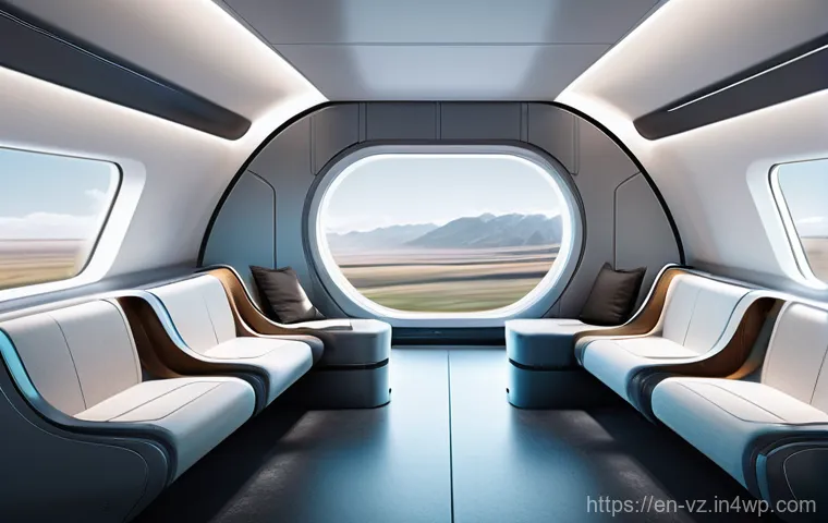 하이퍼루프와 대중교통 혁신의 경로 - **Prompt:** A sleek, futuristic Hyperloop passenger pod interior, designed with modern minimalist ae...