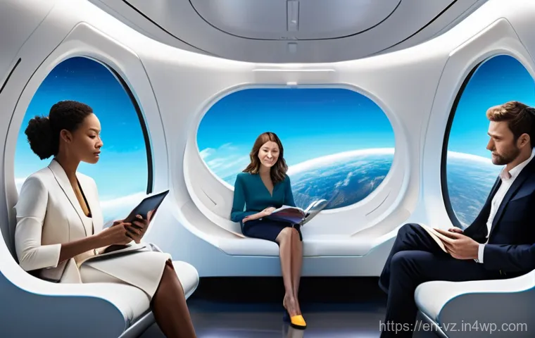 하이퍼루프 시스템의 경제적 수익성 분석 - **Prompt:** "A diverse group of passengers inside a sleek, futuristic Hyperloop pod, traveling at hi...