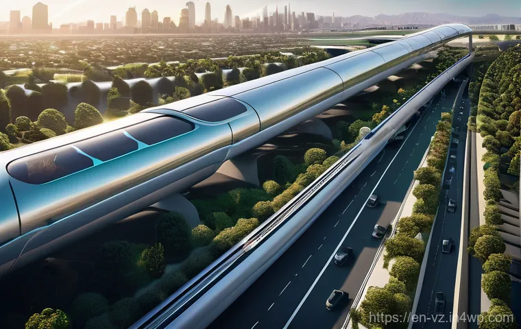 하이퍼루프 시스템의 경제적 수익성 분석 - **Prompt:** "A diverse group of passengers inside a sleek, futuristic Hyperloop pod, traveling at hi...