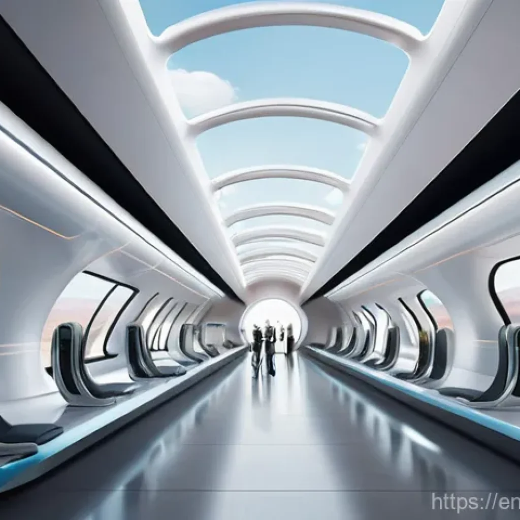 하이퍼루프와 스마트 인프라의 통합 - **Prompt:** A bustling, futuristic Hyperloop station interior at peak travel time. The station featu...