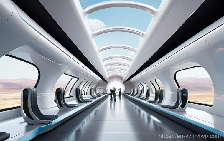 하이퍼루프와 스마트 인프라의 통합 - **Prompt:** A bustling, futuristic Hyperloop station interior at peak travel time. The station featu...
