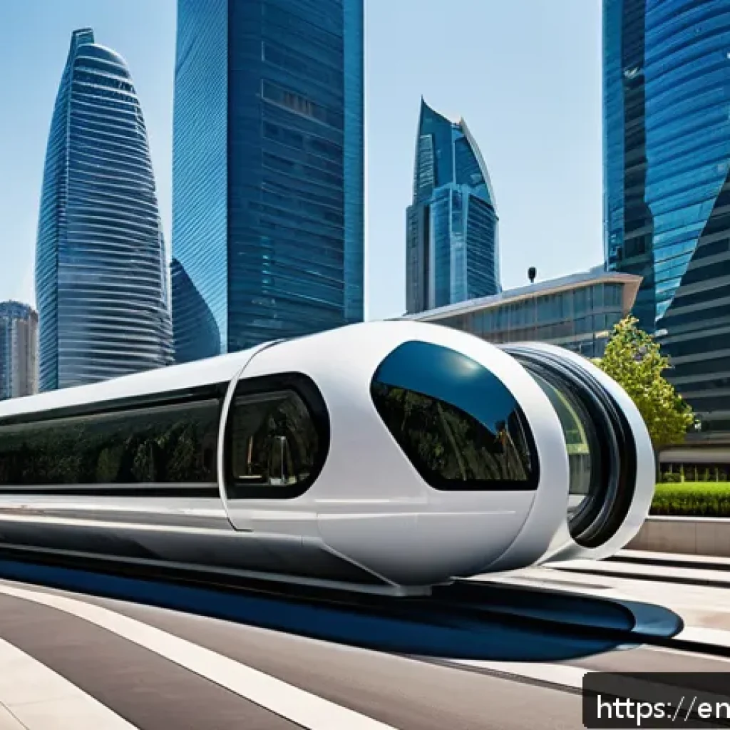 하이퍼루프 교통이 대중 교통에 미치는 영향 - A futuristic Hyperloop pod station in a bustling urban setting, showcasing sleek, aerodynamic pods t...