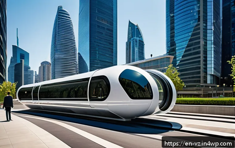 하이퍼루프 교통이 대중 교통에 미치는 영향 - A futuristic Hyperloop pod station in a bustling urban setting, showcasing sleek, aerodynamic pods t...