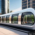 Home 21 하이퍼루프의 에너지 효율성 분석 - A futuristic urban Hyperloop station scene at sunset, showcasing sleek, elevated near-vacuum tubes s...