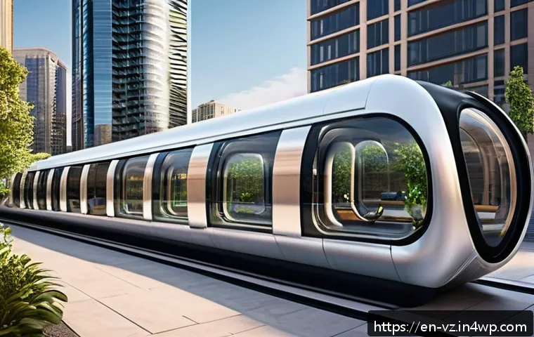 하이퍼루프의 에너지 효율성 분석 - A futuristic urban Hyperloop station scene at sunset, showcasing sleek, elevated near-vacuum tubes s...