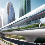 Home 19 하이퍼루프의 지속 가능성 목표와 성과 - A futuristic urban scene showcasing a sleek Hyperloop pod gliding inside an elevated near-vacuum tub...