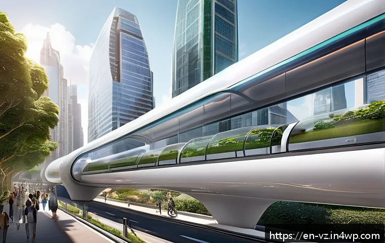 하이퍼루프의 지속 가능성 목표와 성과 - A futuristic urban scene showcasing a sleek Hyperloop pod gliding inside an elevated near-vacuum tub...