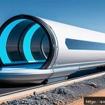 Home 18 하이퍼루프 프로젝트의 글로벌 현황 - A futuristic Hyperloop test track set in a sprawling desert landscape under a clear blue sky, showca...