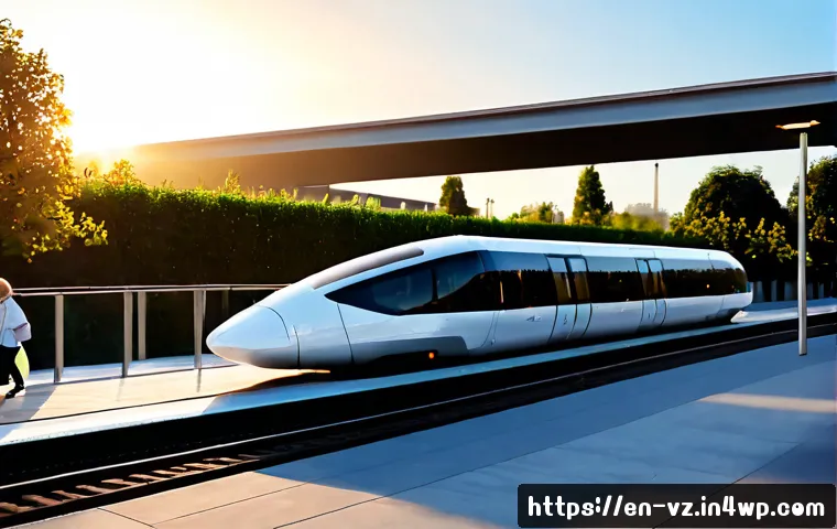 Home 17 하이퍼루프와 대중교통의 미래 비전 - Photorealistic future urban transit hub at sunrise, a sleek white hyperloop capsule arriving beside ...
