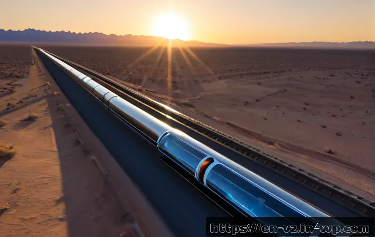 Home 17 하이퍼루프 시스템의 경쟁력 분석 - Photorealistic wide-angle view of a sleek high-speed passenger capsule traveling through a transpare...