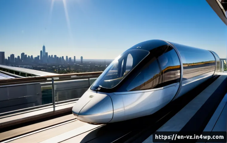 하이퍼루프와 기술 혁신의 관계 - Photorealistic wide-angle view of a sleek futuristic hyperloop capsule arriving at a clean transpare...