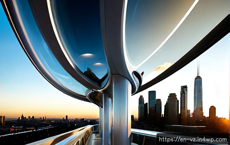 하이퍼루프 교통의 상징성과 문화적 영향 - Photorealistic futuristic transportation hub at sunrise, a sleek passenger pod emerging from a long ...